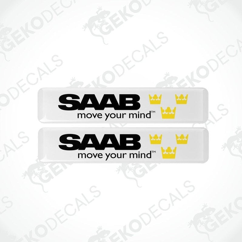 Two rectangular withe vinyl decals with the text 'SAAB move your mind' and the SAAB logo in yellow.