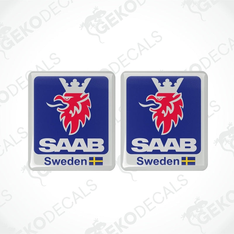 Two square-shaped car decals with the SAAB Sweden logo in red, white, and blue color scheme.