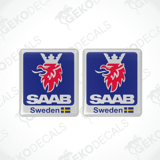 Two square-shaped car decals with the SAAB Sweden logo in red, white, and blue color scheme.