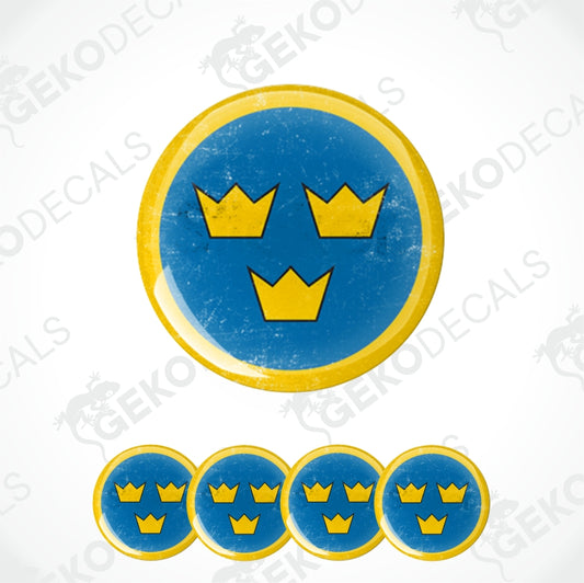 A set of yellow and blue car decals featuring a crown design on a blue background, displayed on a white background.