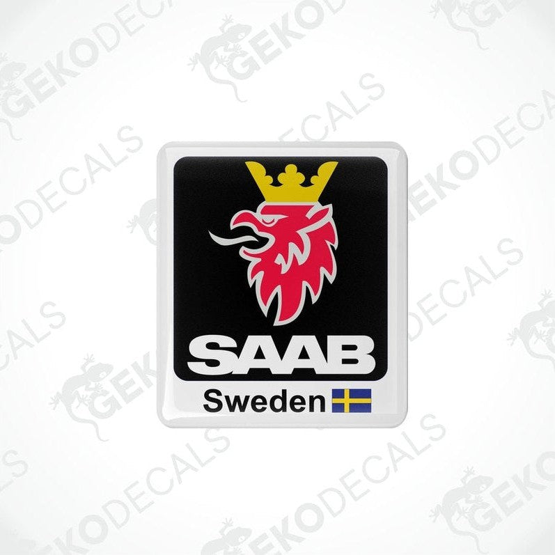 Domed vinyl stickers with a red and black design, featuring the SAAB brand logo and the text 'SWEDEN'.