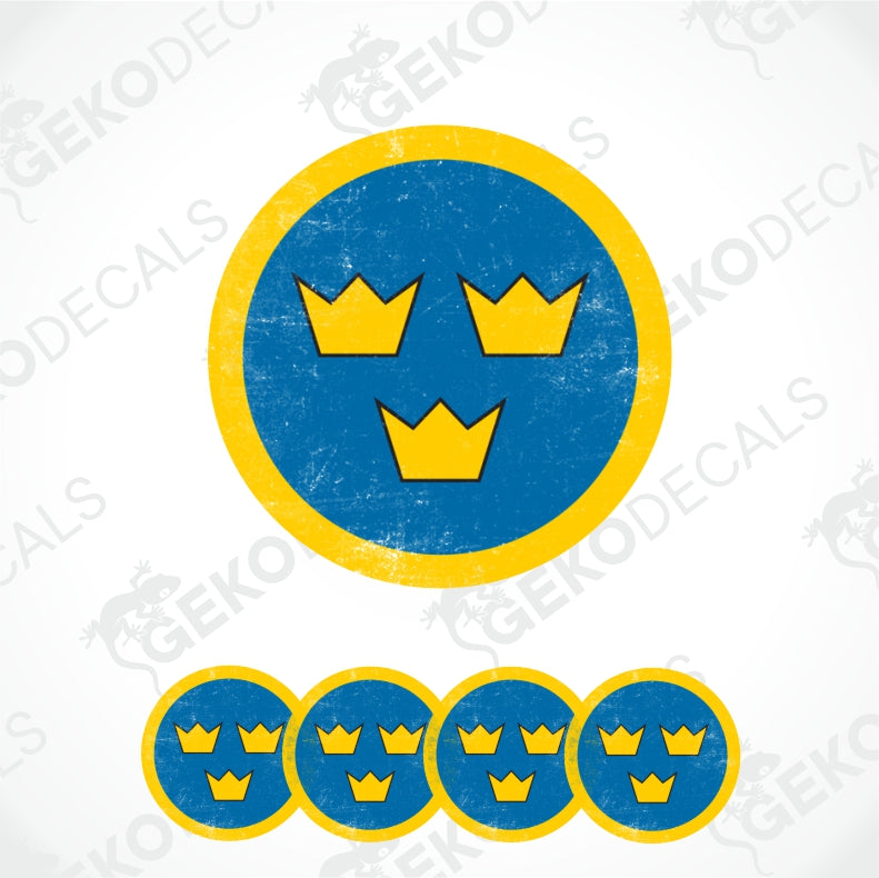 A set of yellow and blue car decals featuring a crown design on a blue background, displayed on a white background.