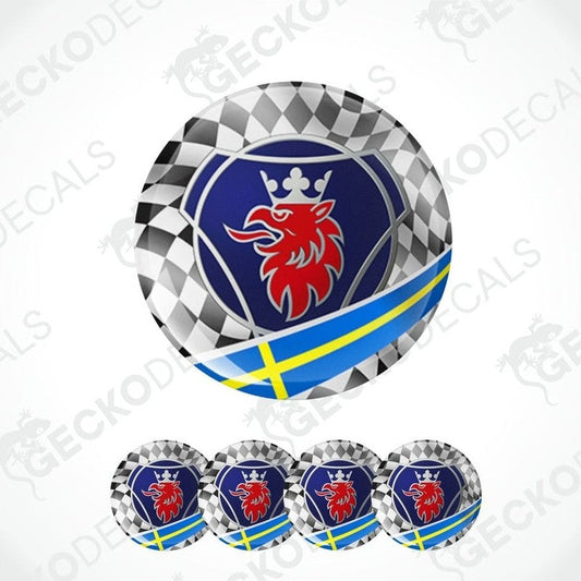 Round emblem with a red lion and blue background, surrounded by smaller versions of the same design.