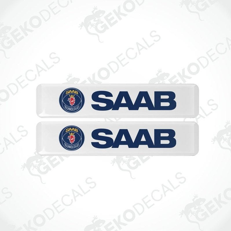 Two white vinyl stickers with a blue and red 'SAAB' logo, arranged horizontally.