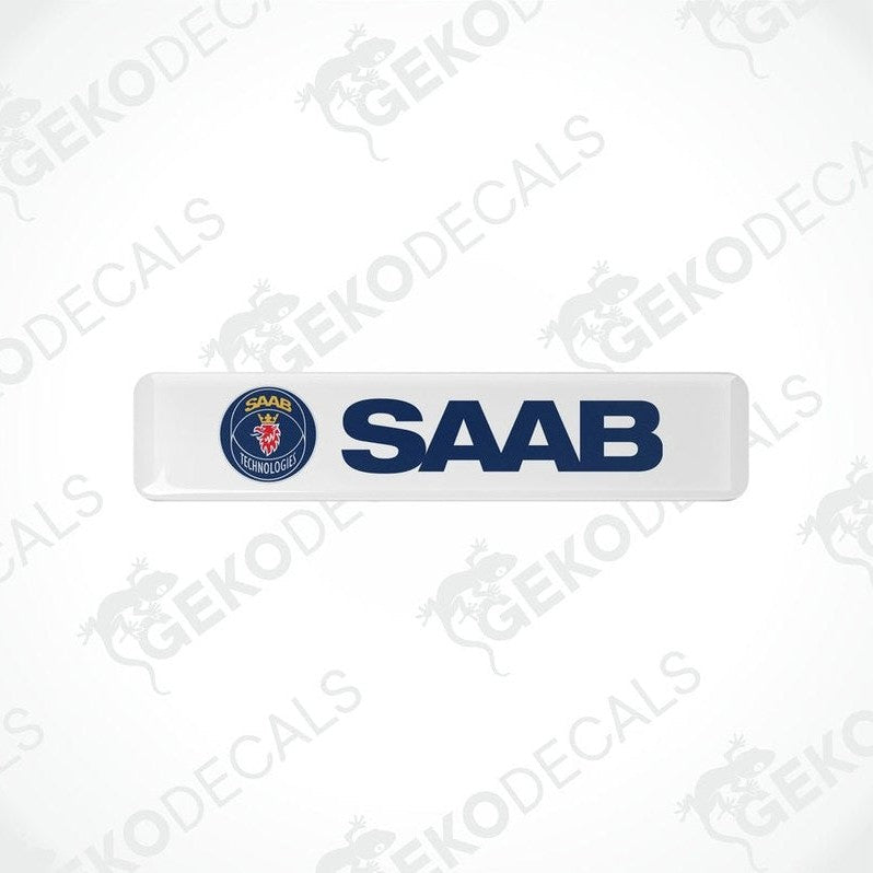  White vinyl stickers with a blue and red 'SAAB' logo, arranged horizontally.