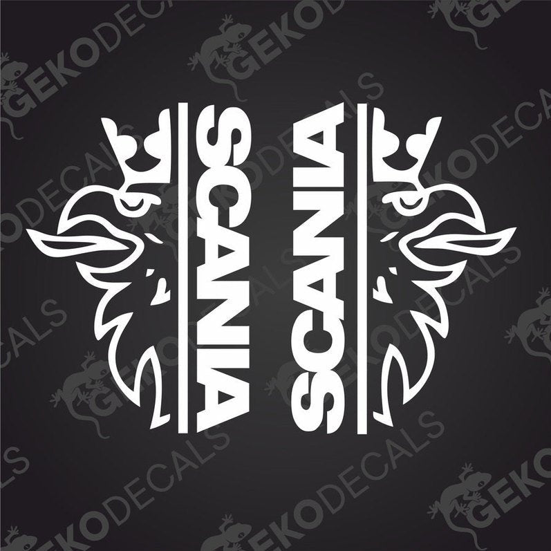 A pair of white decal stickers with the Scania brand logo, designed for use on vehicles.