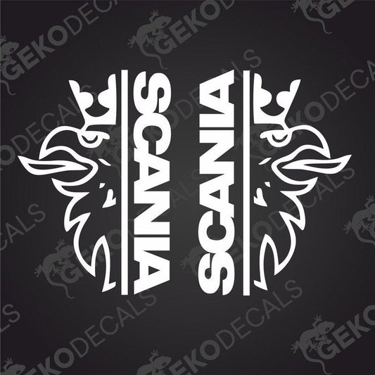 A pair of white decal stickers with the Scania brand logo, designed for use on vehicles.