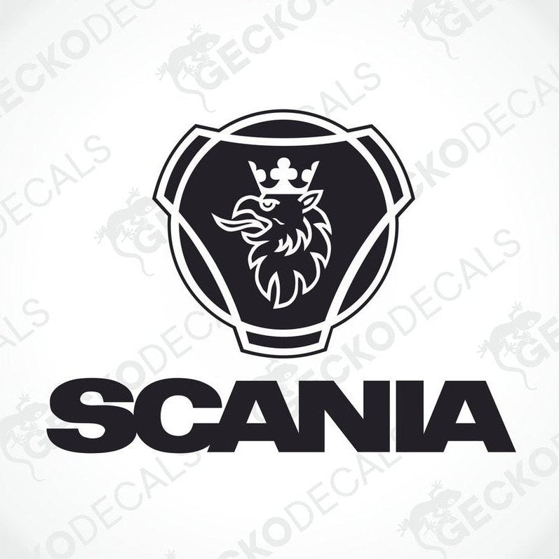 A decal with the SCANIA truck logo, featuring a black and white design of an eagle's head within a shield shape, above the SCANIA text.