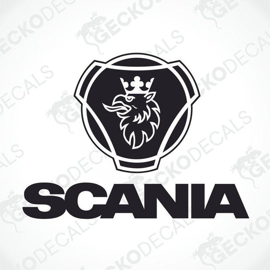 A decal with the SCANIA truck logo, featuring a black and white design of an eagle's head within a shield shape, above the SCANIA text.