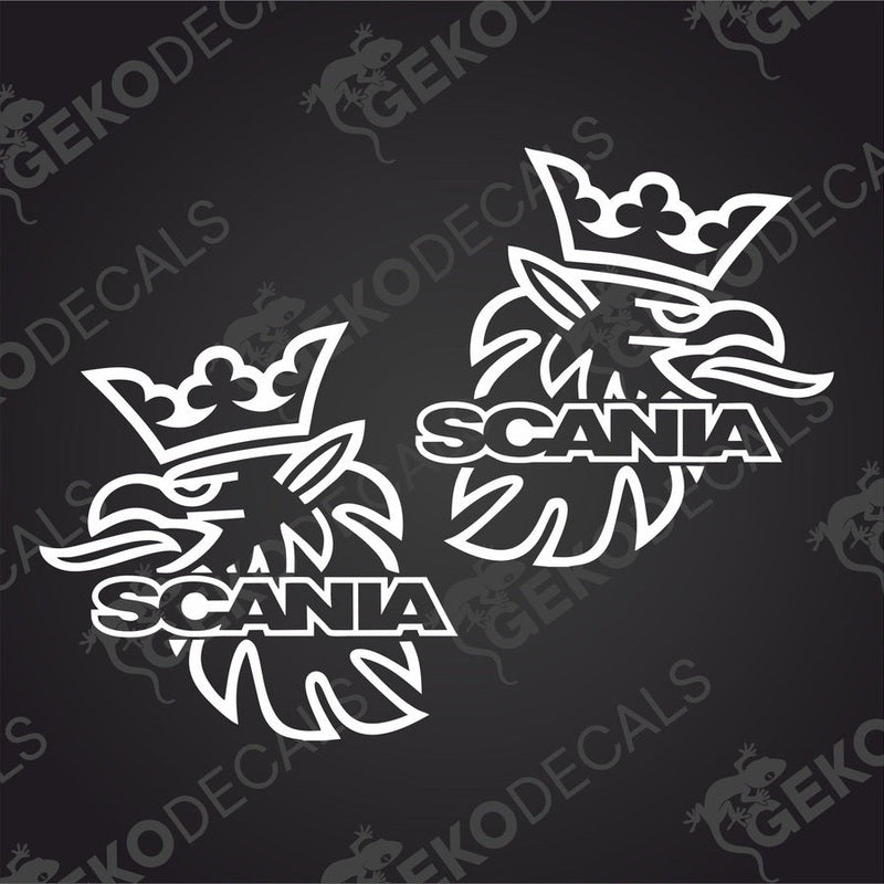 Two white decals with the Scania brand logo, designed for use on vehicles.