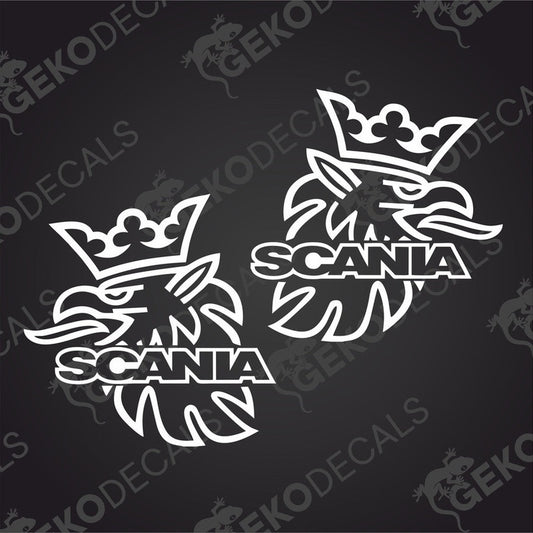 Two white decals with the Scania brand logo, designed for use on vehicles.