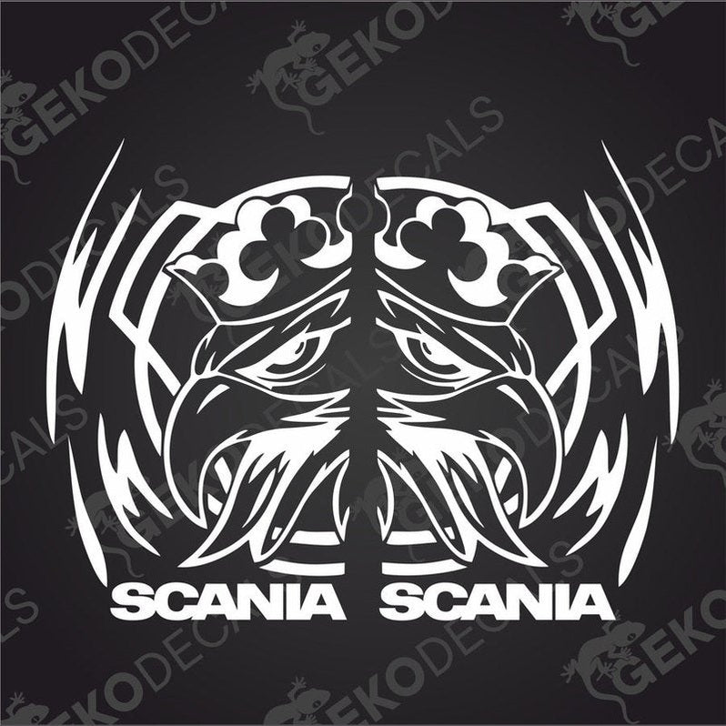 A white, black, and gray geometric design decal for a Scania truck.