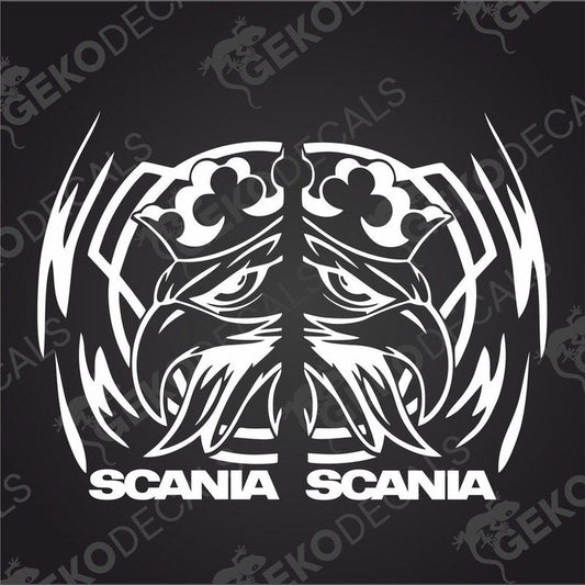 A white, black, and gray geometric design decal for a Scania truck.