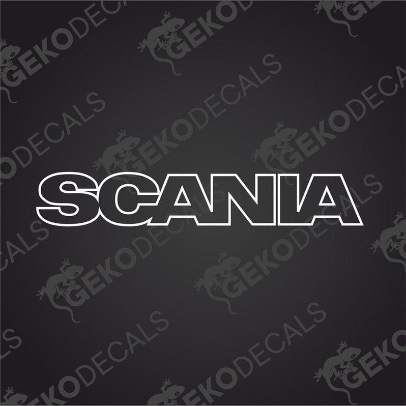 A die cut sticker with the brand name Scania, presented on a dark background with the brand's logo.
