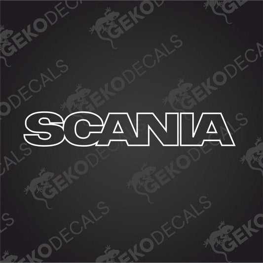 A die cut sticker with the brand name Scania, presented on a dark background with the brand's logo.