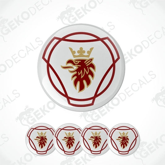 A set of vinyl decals with a polyurethane coating featuring a red and gold design on a white background, including a lion's emblem.