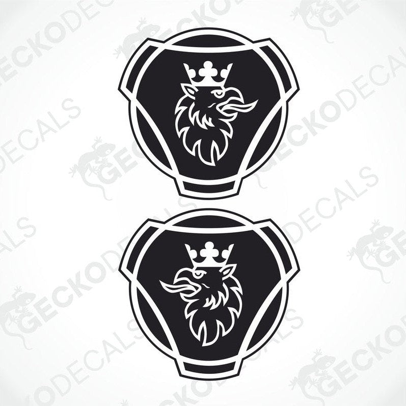 Two black and white scainia decals of a stylized crowned animal, likely a bird, with the GeckoDecals logo.