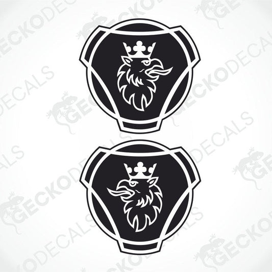 Two black and white scainia decals of a stylized crowned animal, likely a bird, with the GeckoDecals logo.