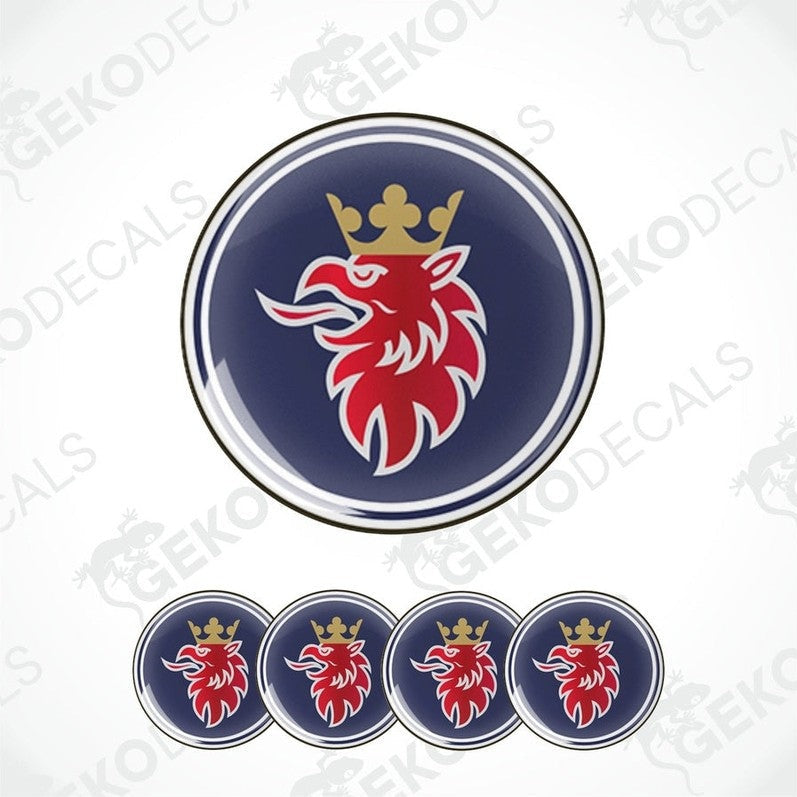 A set of four round vinyl stickers with a Scania logo design, including a red and white emblem on a navy background.