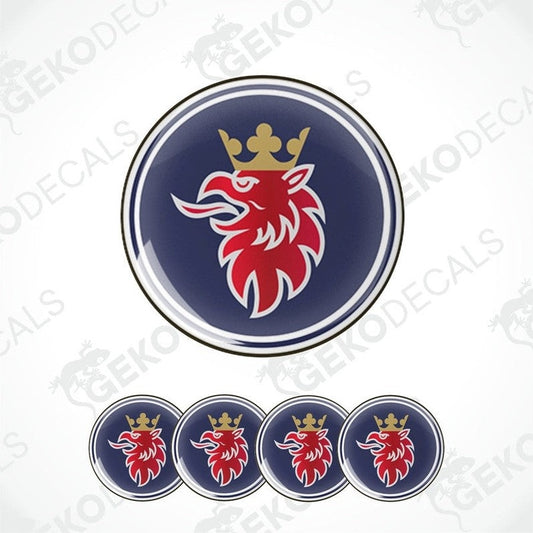 A set of four round vinyl stickers with a Scania logo design, including a red and white emblem on a navy background.