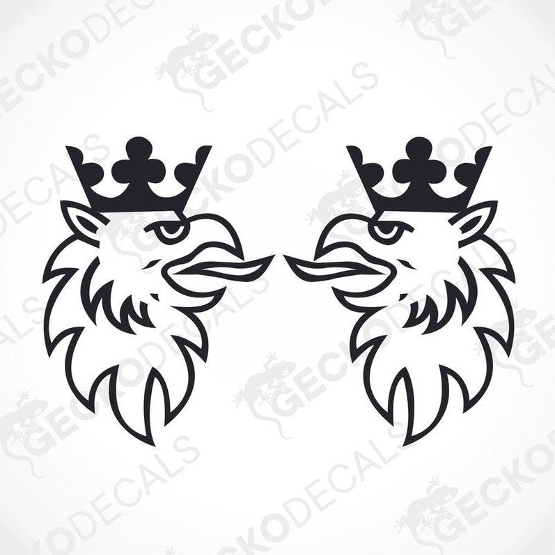 Two black and white scainia decals of a stylized crowned animal, likely a bird, with the GeckoDecals logo.