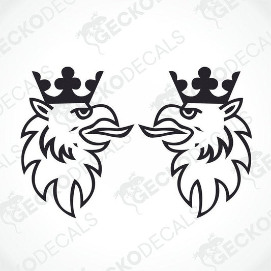 Two black and white scainia decals of a stylized crowned animal, likely a bird, with the GeckoDecals logo.
