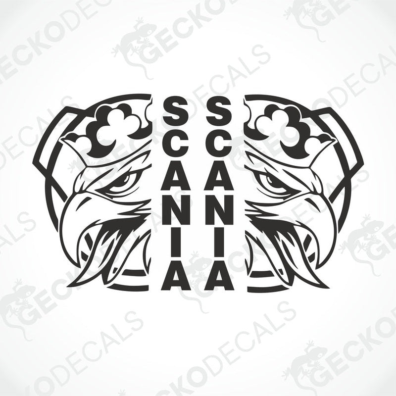 A black and white die cut sticker with the Scania brand logo and a graphical element resembling a bird or a dragon.