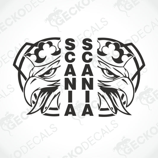 A black and white die cut sticker with the Scania brand logo and a graphical element resembling a bird or a dragon.