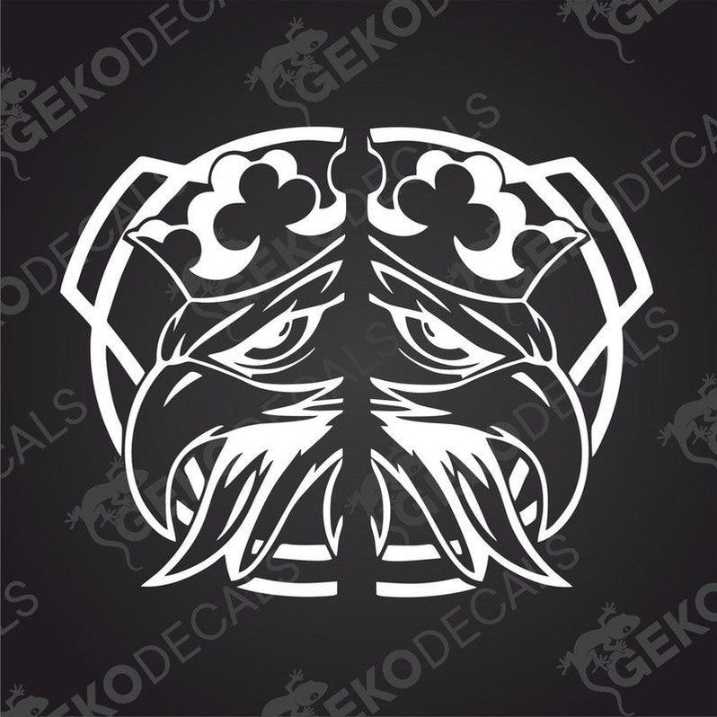 Two black and white decals of a scania truck logo with an eagle design.