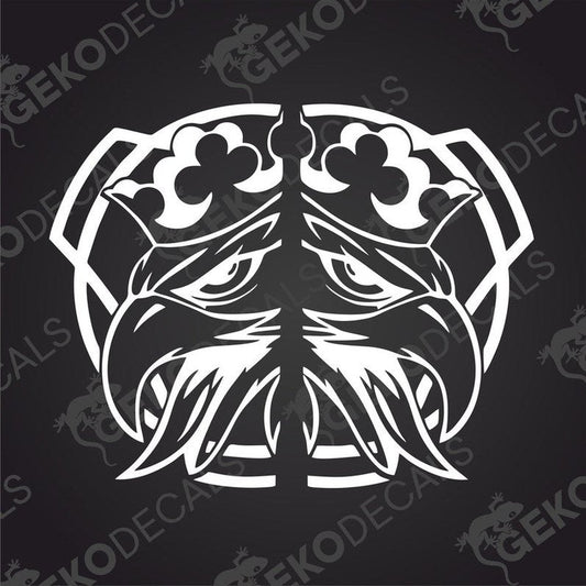Two black and white decals of a scania truck logo with an eagle design.