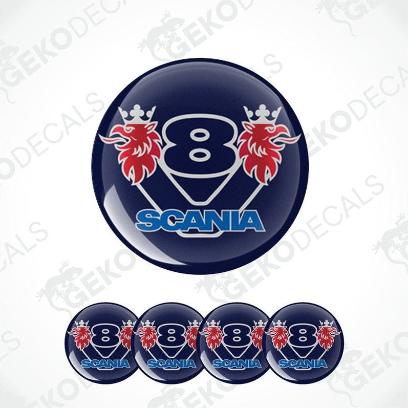 A set of four blue vinyl stickers with red and white Scania branding and the model number 8.