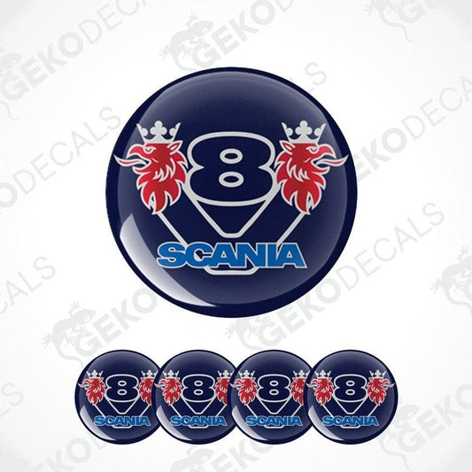 A set of four blue vinyl stickers with red and white Scania branding and the model number 8.