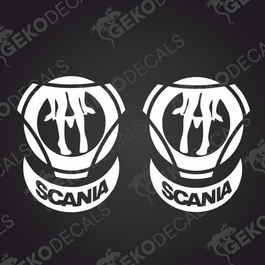 Two white decals of SCANIA brand for vehicle application, delivered on transfer paper.