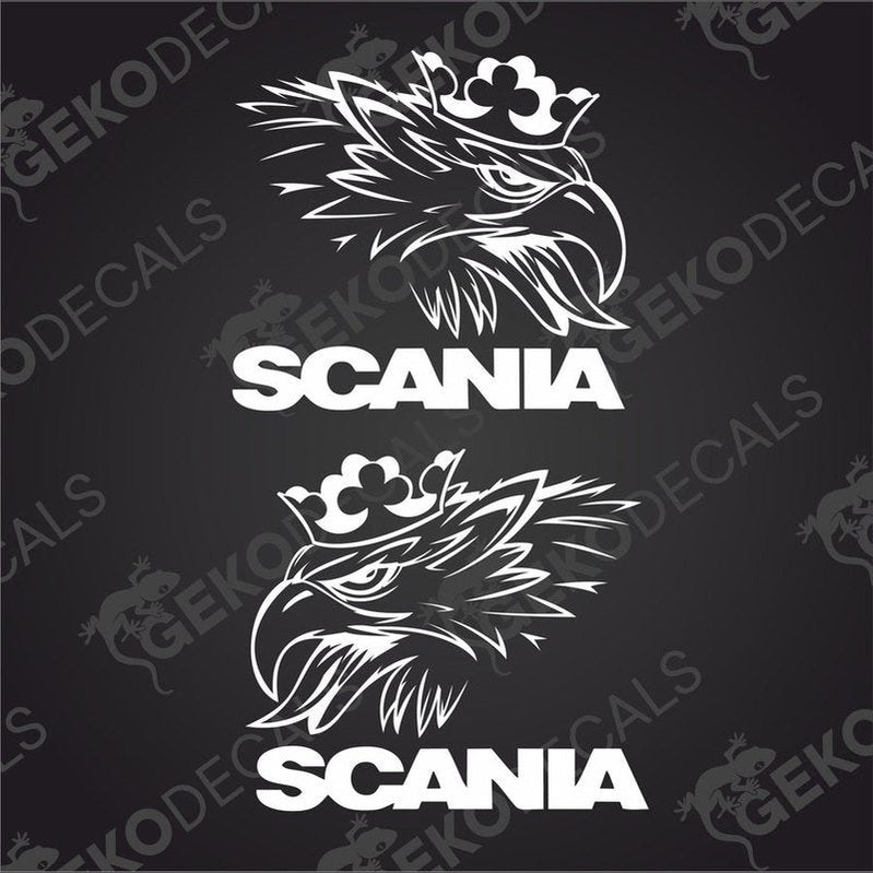 Two black and white decals of a stylized Scania logo, designed for use on vehicles.