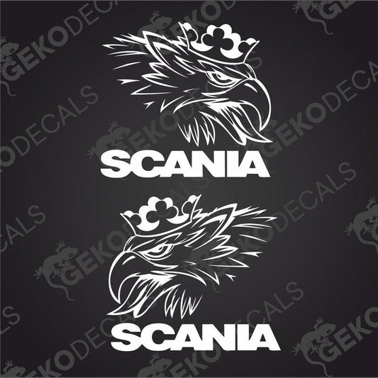 Two black and white decals of a stylized Scania logo, designed for use on vehicles.