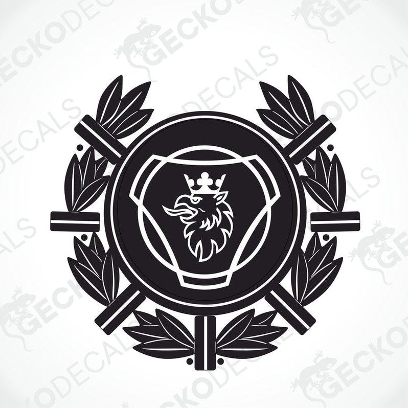 A black and white logo sticker featuring a trucking-related emblem design.