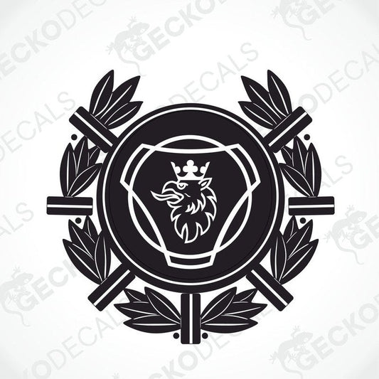 A black and white logo sticker featuring a trucking-related emblem design.