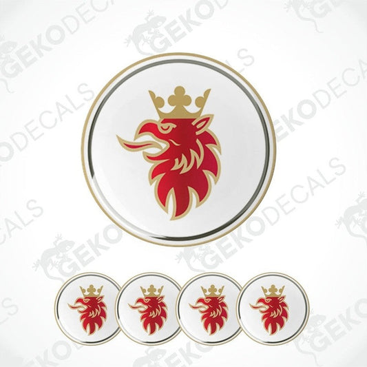 A set of vinyl decals with a red and gold emblem of Scania head with a crown, presented in a circular design with four additional variations shown below.