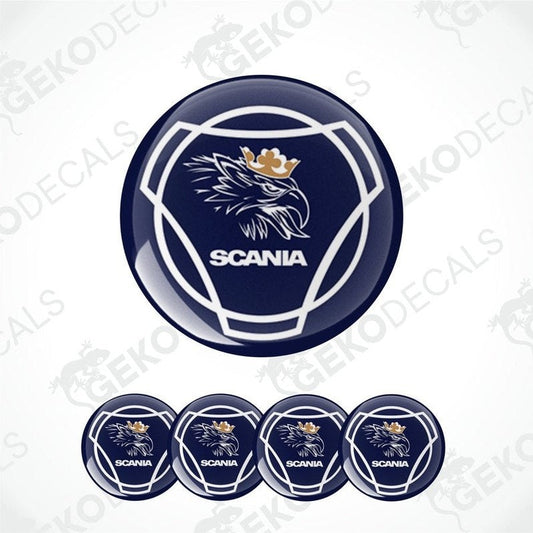 A set of vinyl decals with a Scania logo, featuring a blue background with a white and gold eagle design, and the text 'SCANIA' in bold.