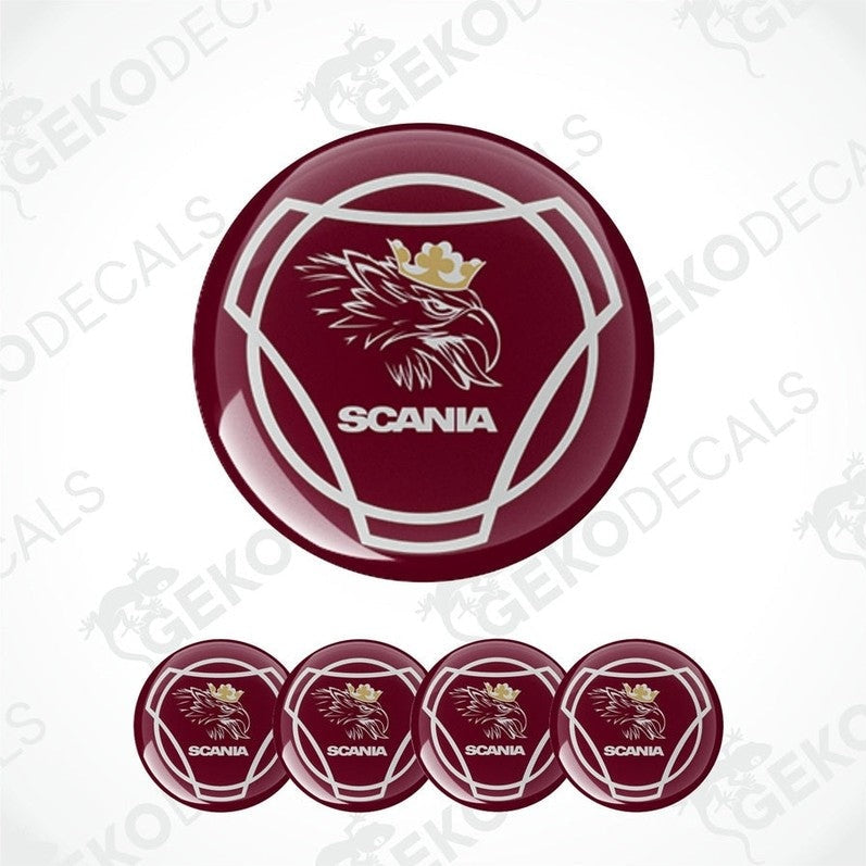A set of four red vinyl stickers with a white and silver design and the word 'SCANIA' printed on them.