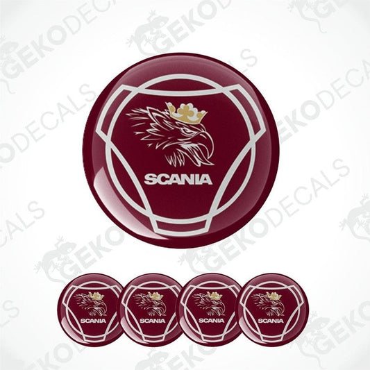A set of four red vinyl stickers with a white and silver design and the word 'SCANIA' printed on them.