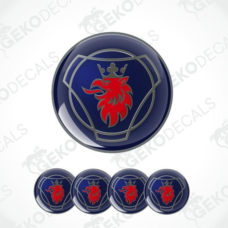 A set of four blue vinyl stickers with a red and white Scania logo design.