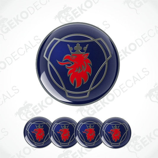A set of four blue vinyl stickers with a red and white Scania logo design.
