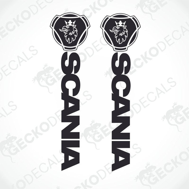 A pair of die cut decals with the brand name 'Scania' and a lion logo, intended for use on vehicles or equipment.