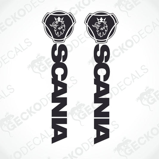 A pair of die cut decals with the brand name 'Scania' and a lion logo, intended for use on vehicles or equipment.