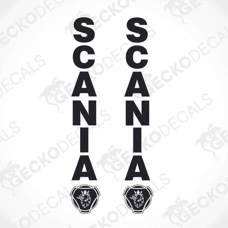 Two black and white decals featuring the text 'SCANIA' with the company's logo below the text.