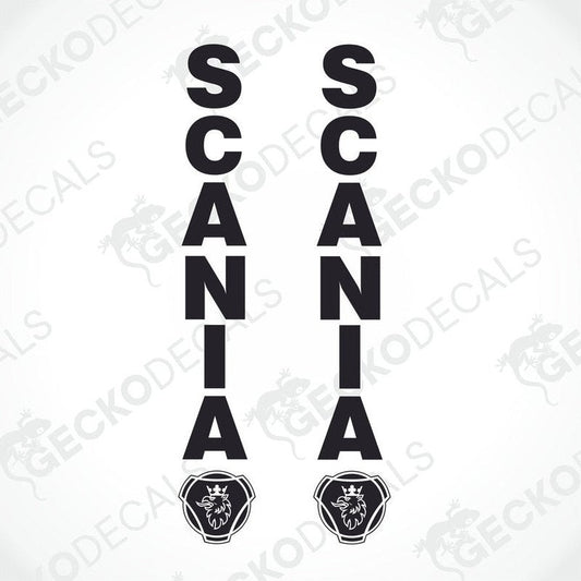 Two black and white decals featuring the text 'SCANIA' with the company's logo below the text.