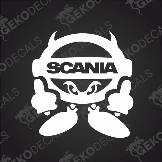 A white decal of the Scania brand for trucks, featuring the Scania logo and a cartoonish character giving a thumbs up.