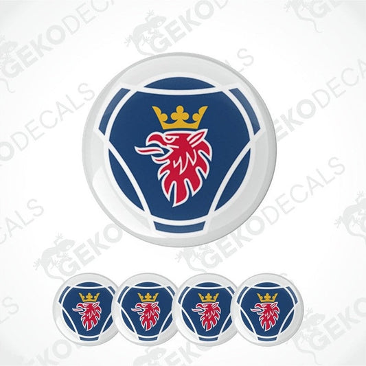 A set of round vehicle decals with a blue and red design featuring a crown and a stylized Scania Eagle head.