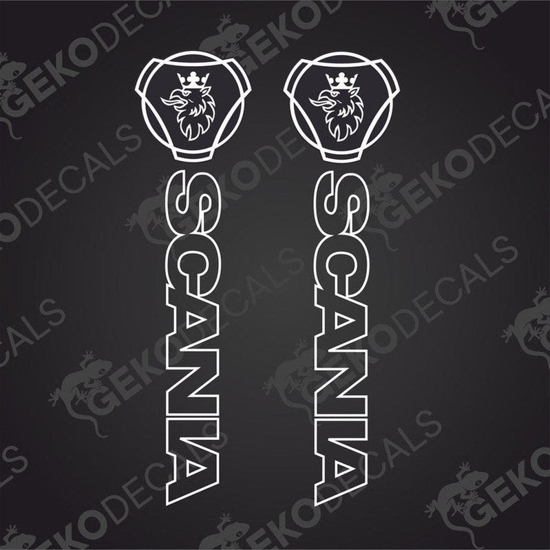 Two white Scania decals with a black background, positioned one above the other, with a Gecko Decals logo at the bottom.